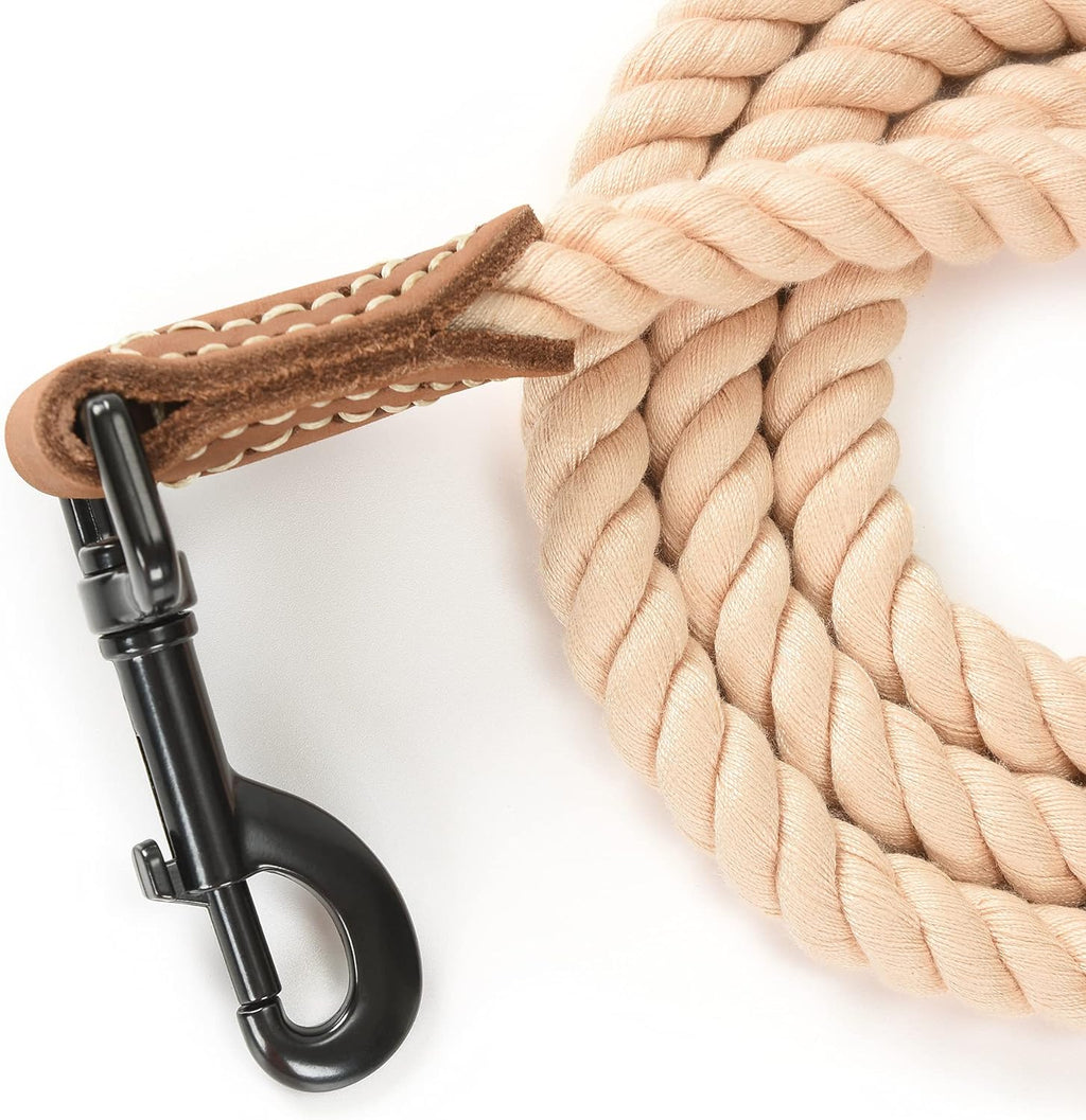 Dog Leash Braided Cotton Rope with Leather-Reinforced Ends | Rust-Proof 360° Swivel Clasp, Heavy-Duty for Medium/Large Dogs. Great for Weddings, Daily Walks (6 FT, 1/2", Light Brown)