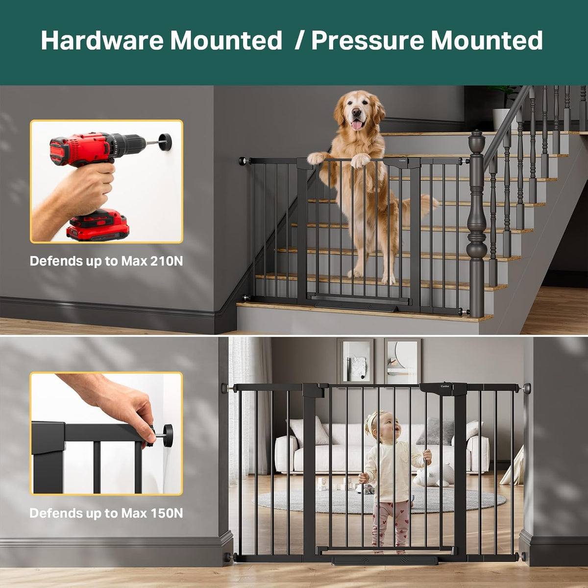 29.7-51.5 in Extra Wide Baby Gate for Stairs, Dog Gate Indoor Black | Mom'S Choice Awards Winner, Auto Close with Double Lock for Doorways, Child Gate for Toddlers & Pets, Pressure Mounted