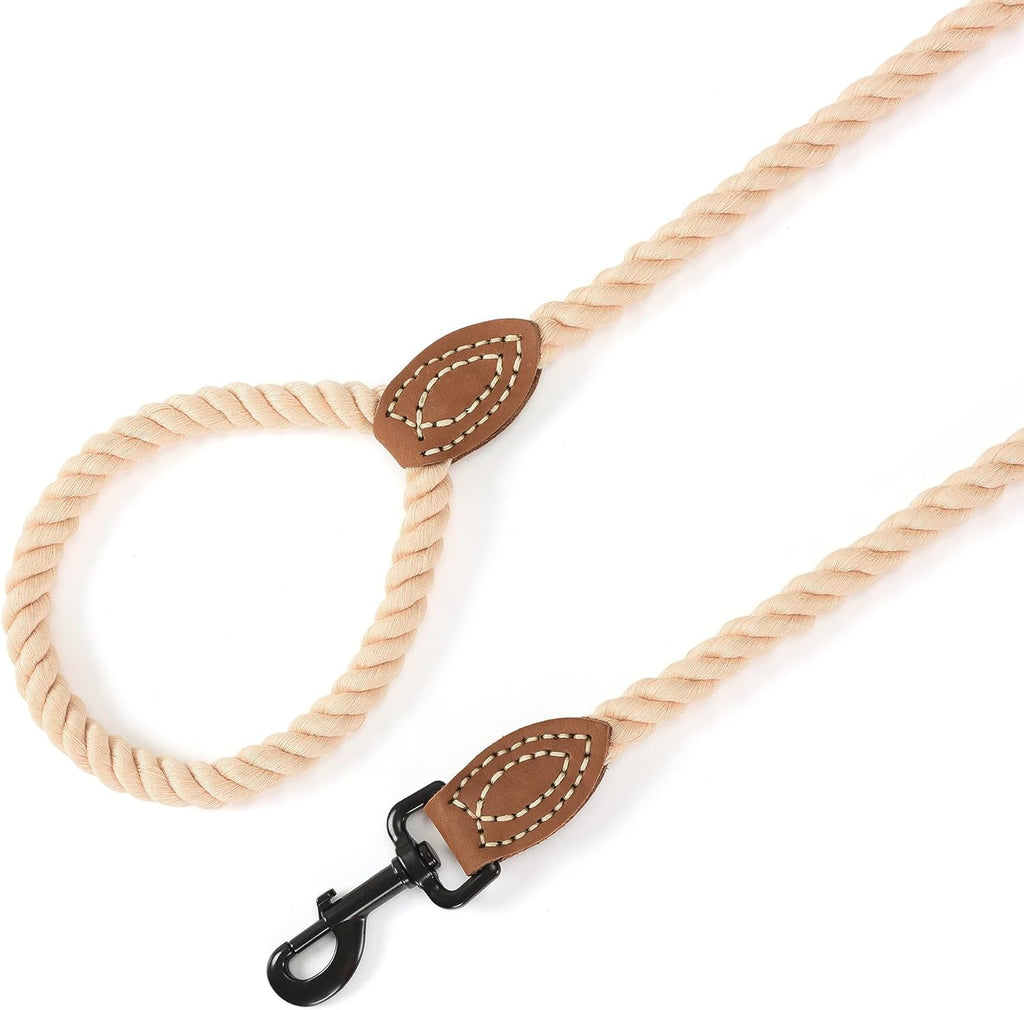 Dog Leash Braided Cotton Rope with Leather-Reinforced Ends | Rust-Proof 360° Swivel Clasp, Heavy-Duty for Medium/Large Dogs. Great for Weddings, Daily Walks (6 FT, 1/2", Light Brown)