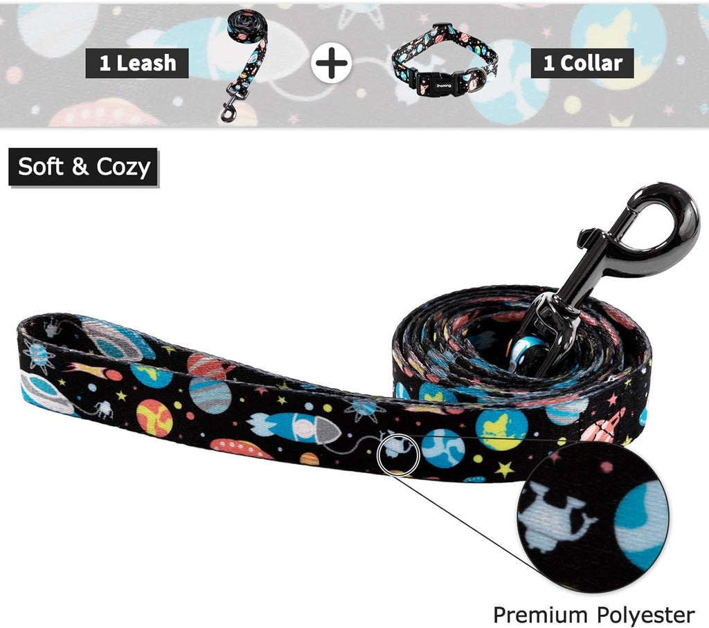 Dog Collar and Leash Set for Daily Outdoor Walking Running Training, Space Design for Large Boys Girls Dogs Cats Pets, L-Up to 80LBS