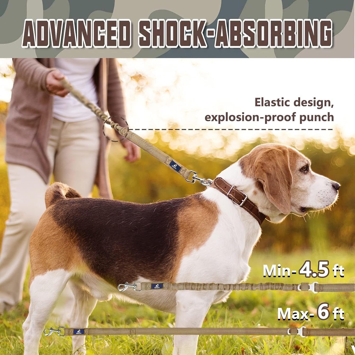 Heavy Duty Bungee Dog Leash for Medium Large Breed Dogs, No Pull Leashes for Shock Absorption with Car Seat Belt, 2 Padded Handles 4.5FT 6FT Training Dog Leash