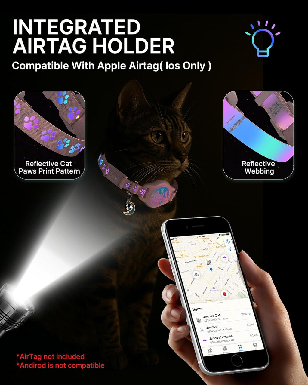 Cat Collar with Airtag Holder, 2 Pack Waterproof Breakaway Kitten Collar for Apple Airtag GPS Tracker, Adjustable Cat Collar with Buckle, Bell & Reflective Pattern for Cats, Kittens, Pink (8-11")