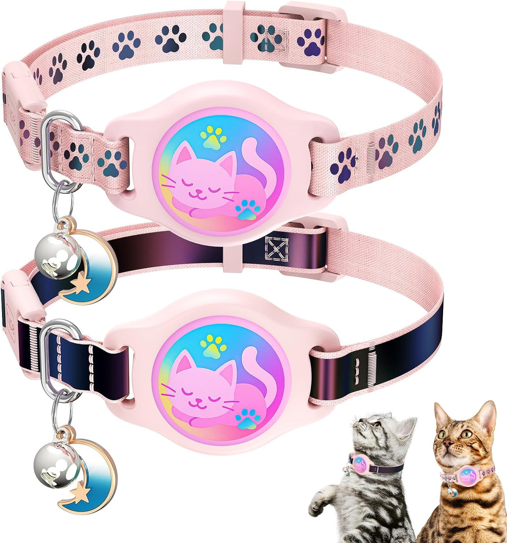 Cat Collar with Airtag Holder, 2 Pack Waterproof Breakaway Kitten Collar for Apple Airtag GPS Tracker, Adjustable Cat Collar with Buckle, Bell & Reflective Pattern for Cats, Kittens, Pink (8-11")