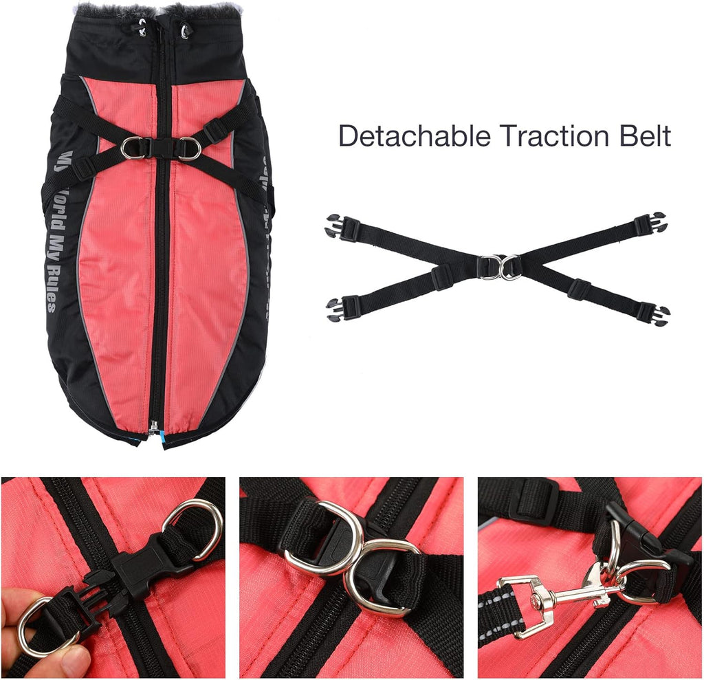 Warm Dog Coats with Harness Attached, Windproof Dog Winter Jacket with Harness, Reflective Winter Jacket for Dogs with Harness, XXL Dog Jacket, Dog Coat XXL Red 2XL