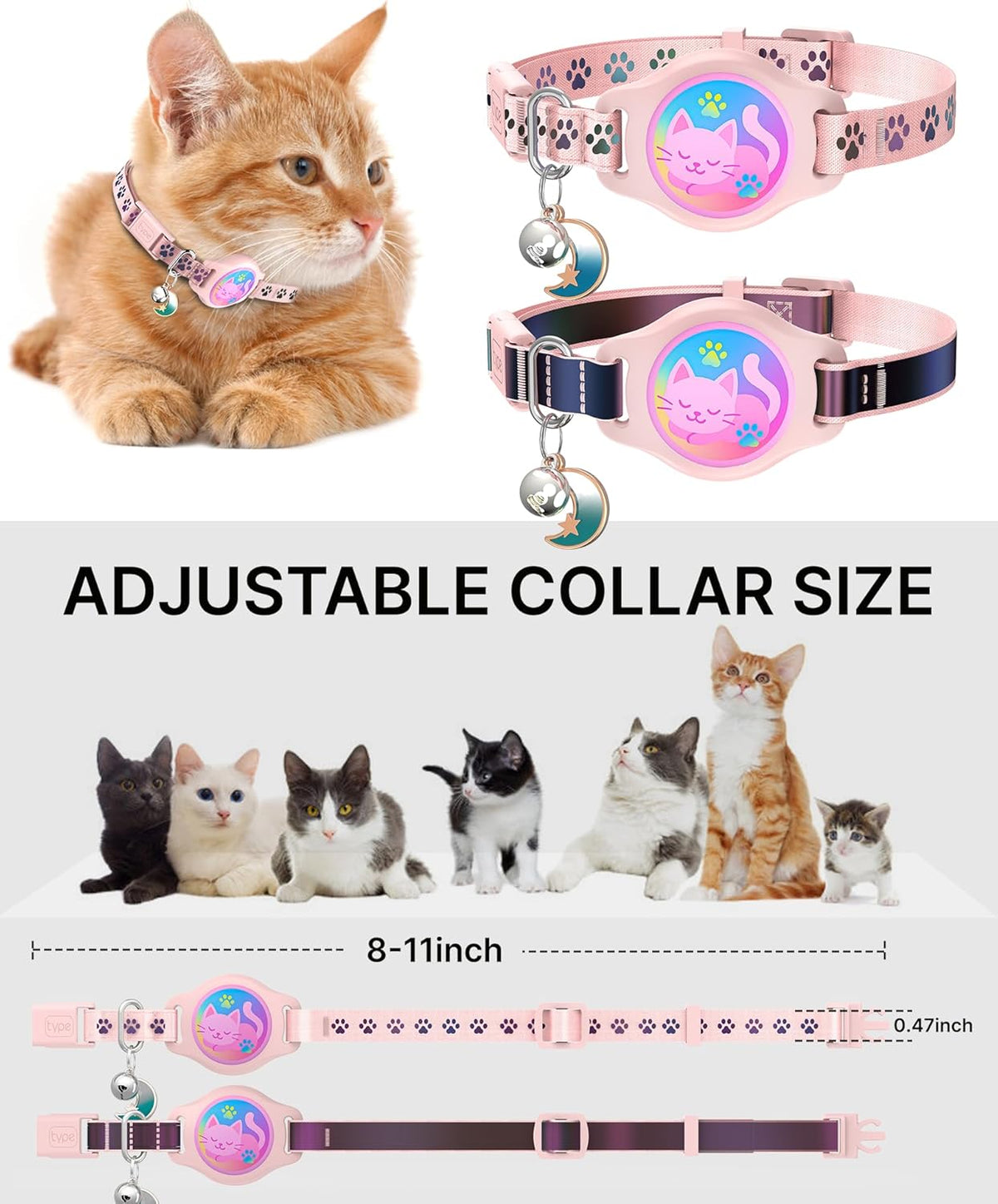 Cat Collar with Airtag Holder, 2 Pack Waterproof Breakaway Kitten Collar for Apple Airtag GPS Tracker, Adjustable Cat Collar with Buckle, Bell & Reflective Pattern for Cats, Kittens, Pink (8-11")