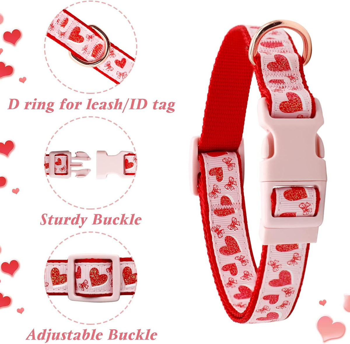 Valentine'S Day Dog Collar and Leash Set, Adjustable Pink Dog Collar with Glittery Pink Heart Pattern Matching Leash Valentines Day Gift for Small Dogs