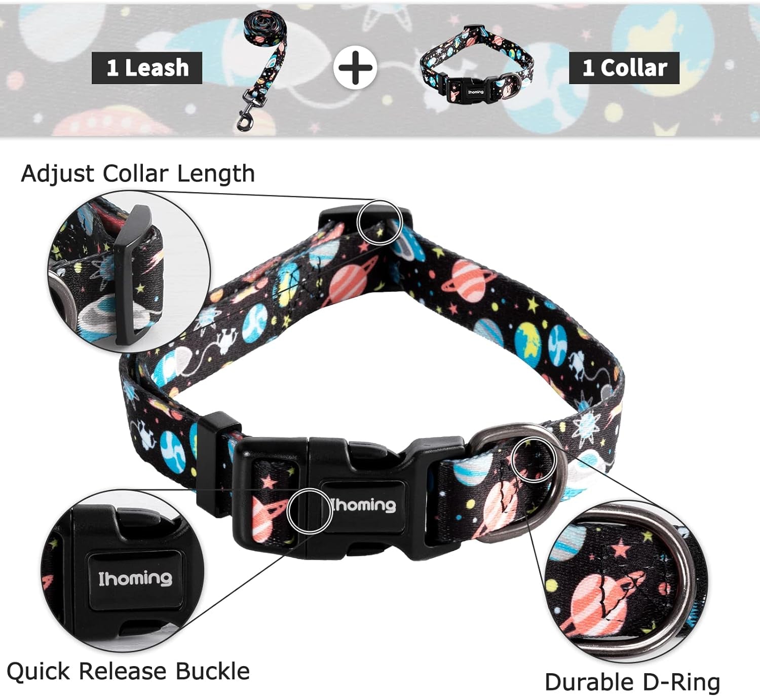 Dog Collar and Leash Set for Daily Outdoor Walking Running Training, Space Design for Large Boys Girls Dogs Cats Pets, L-Up to 80LBS