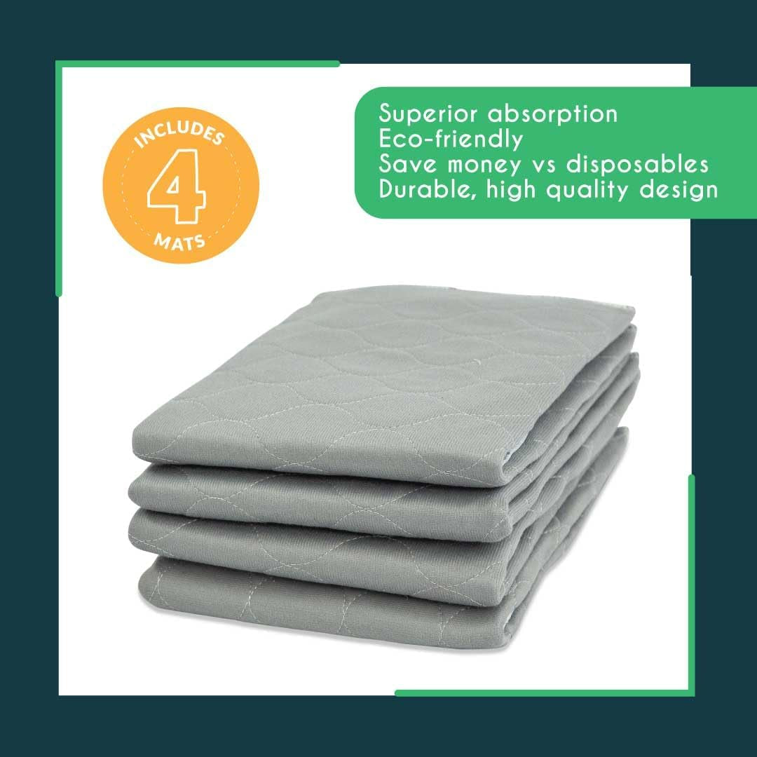 Grey Washable Reusable Pee Pads, Leak-Proof (22X22, 4Pk) | for Potty Training, Whelping & Crate Lining. OEKO-TEX, Chemical-Free.
