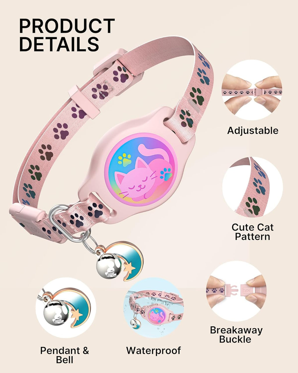 Cat Collar with Airtag Holder, 2 Pack Waterproof Breakaway Kitten Collar for Apple Airtag GPS Tracker, Adjustable Cat Collar with Buckle, Bell & Reflective Pattern for Cats, Kittens, Pink (8-11")