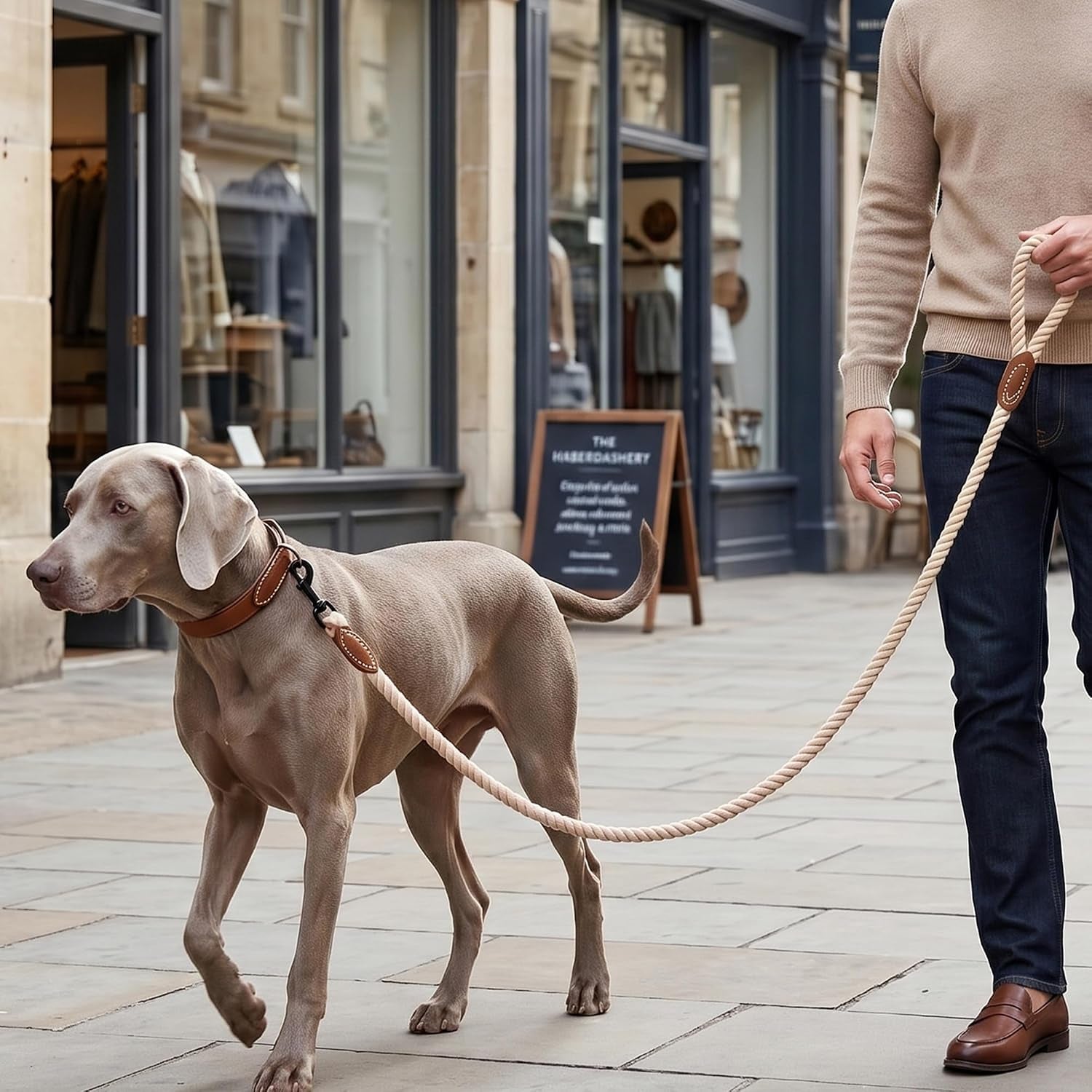 Dog Leash Braided Cotton Rope with Leather-Reinforced Ends | Rust-Proof 360° Swivel Clasp, Heavy-Duty for Medium/Large Dogs. Great for Weddings, Daily Walks (6 FT, 1/2", Light Brown)