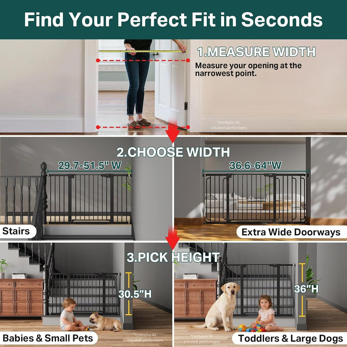 29.7-51.5 in Extra Wide Baby Gate for Stairs, Dog Gate Indoor Black | Mom'S Choice Awards Winner, Auto Close with Double Lock for Doorways, Child Gate for Toddlers & Pets, Pressure Mounted