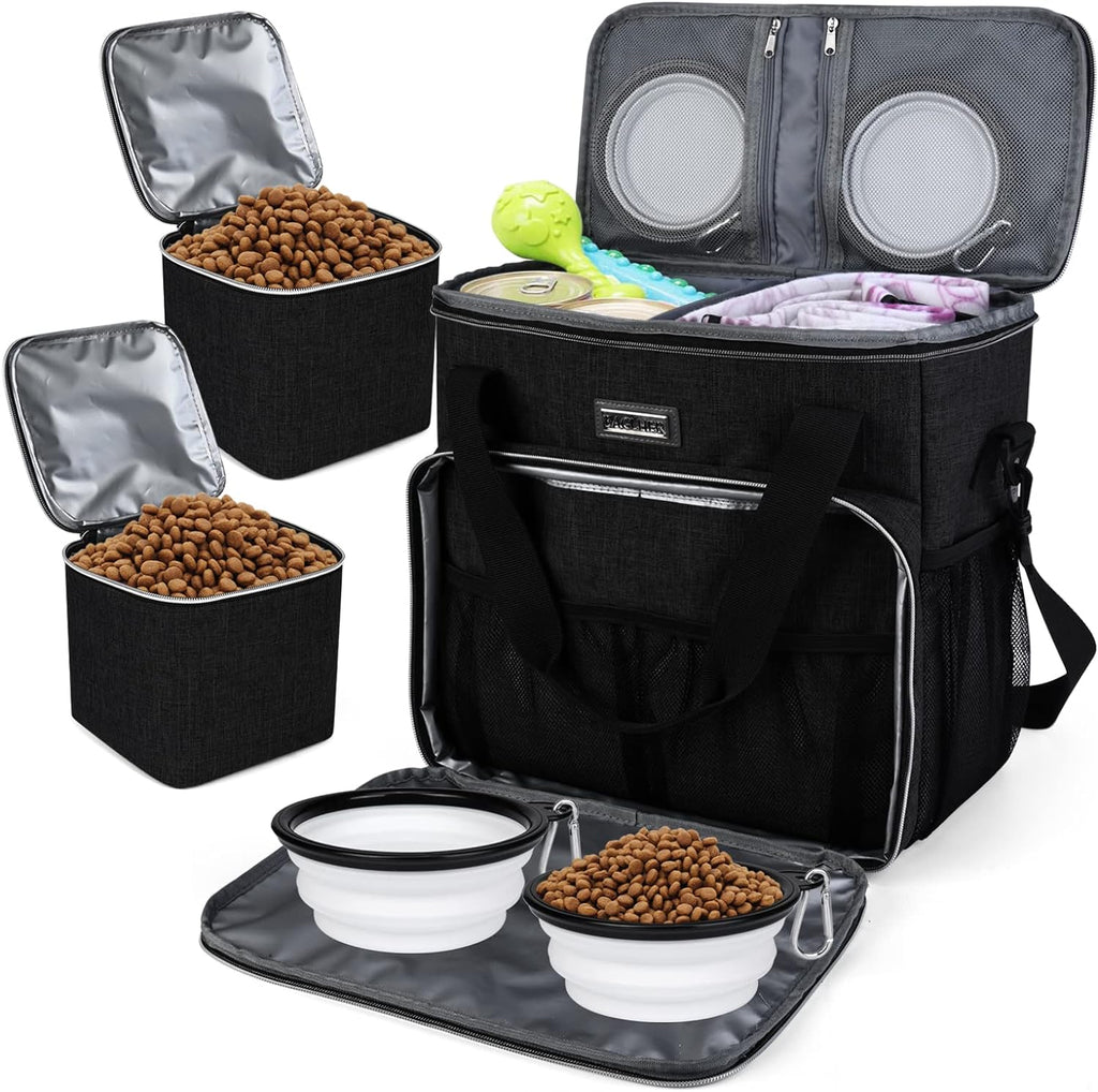 Dog Travel Bag, Pet Travel Bag (ALL Pet Travel Supplies), with 2 Pet Food Containers and 2 Collapsible Silicone Bowls; Essential Kits for Travel Black