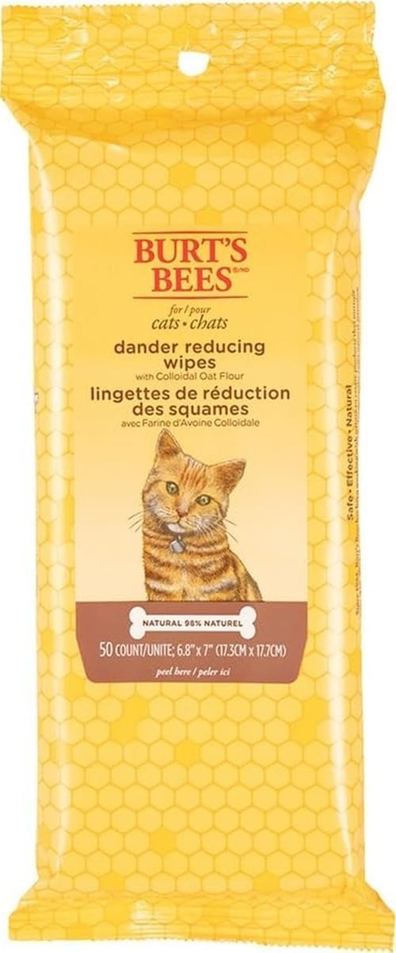 Burts Bees for Pets Cat Dander Remover Wipes, Unscented, 50 Count | Colloidal Oat Flour and Aloe Soothe Dry Skin and Reduce Flaking, Gentle Grooming for Cats and Kittens