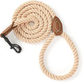 Dog Leash Braided Cotton Rope with Leather-Reinforced Ends | Rust-Proof 360° Swivel Clasp, Heavy-Duty for Medium/Large Dogs. Great for Weddings, Daily Walks (6 FT, 1/2", Light Brown)