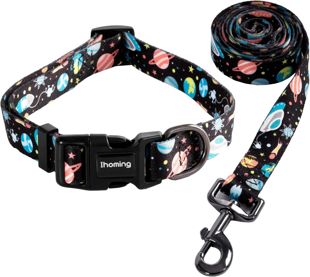Dog Collar and Leash Set for Daily Outdoor Walking Running Training, Space Design for Large Boys Girls Dogs Cats Pets, L-Up to 80LBS