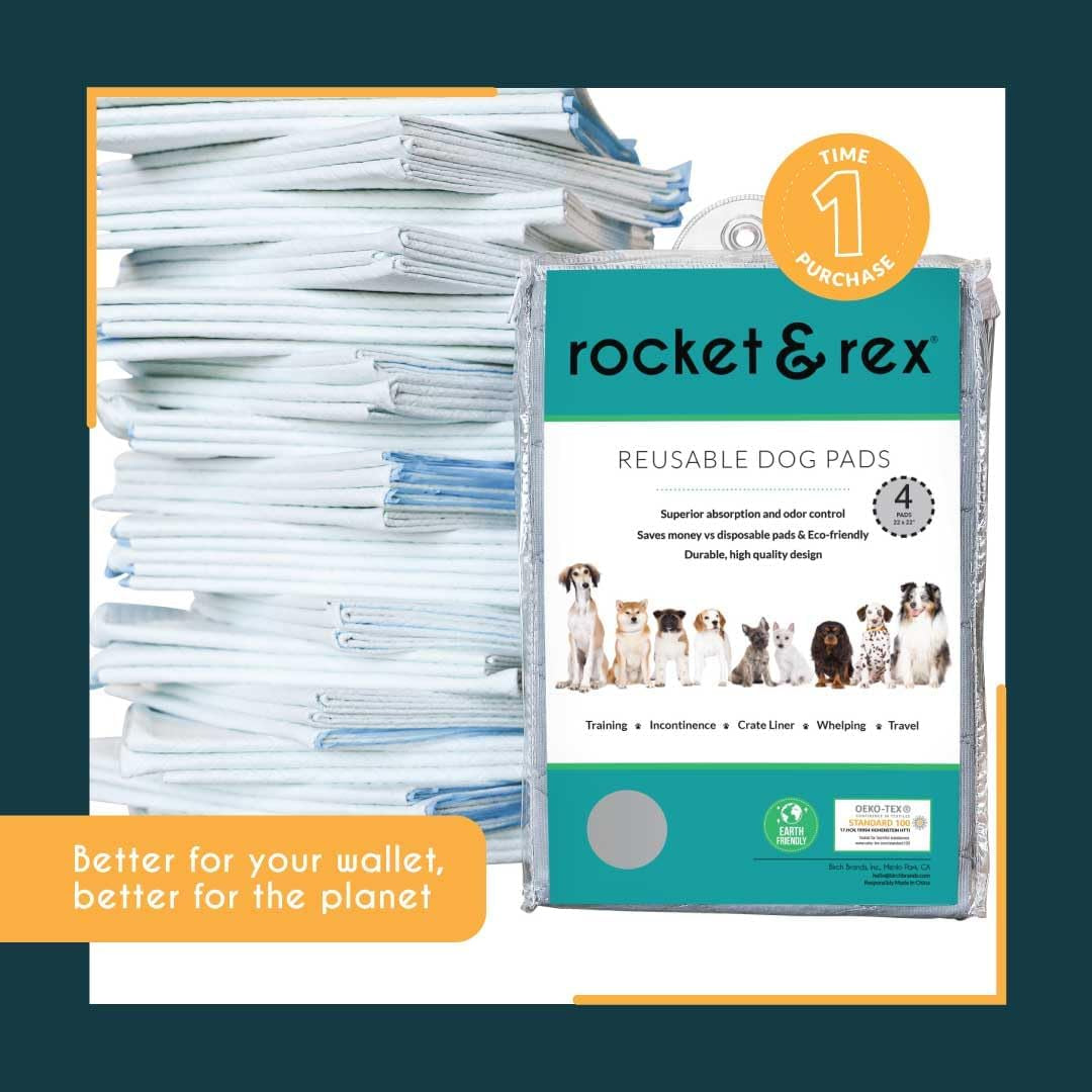 Grey Washable Reusable Pee Pads, Leak-Proof (22X22, 4Pk) | for Potty Training, Whelping & Crate Lining. OEKO-TEX, Chemical-Free.